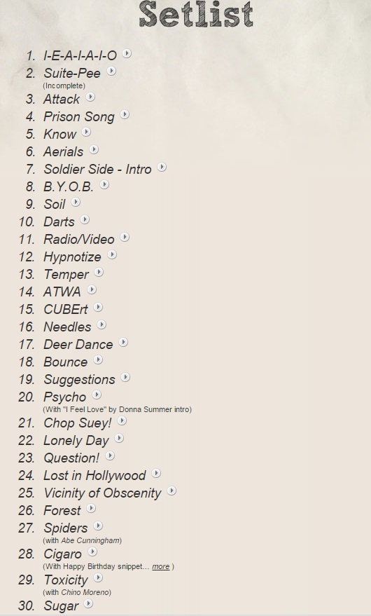 Setlist de System Of A Down en Argentina (Septiembre 30) y Chile (Septiembre 27) .